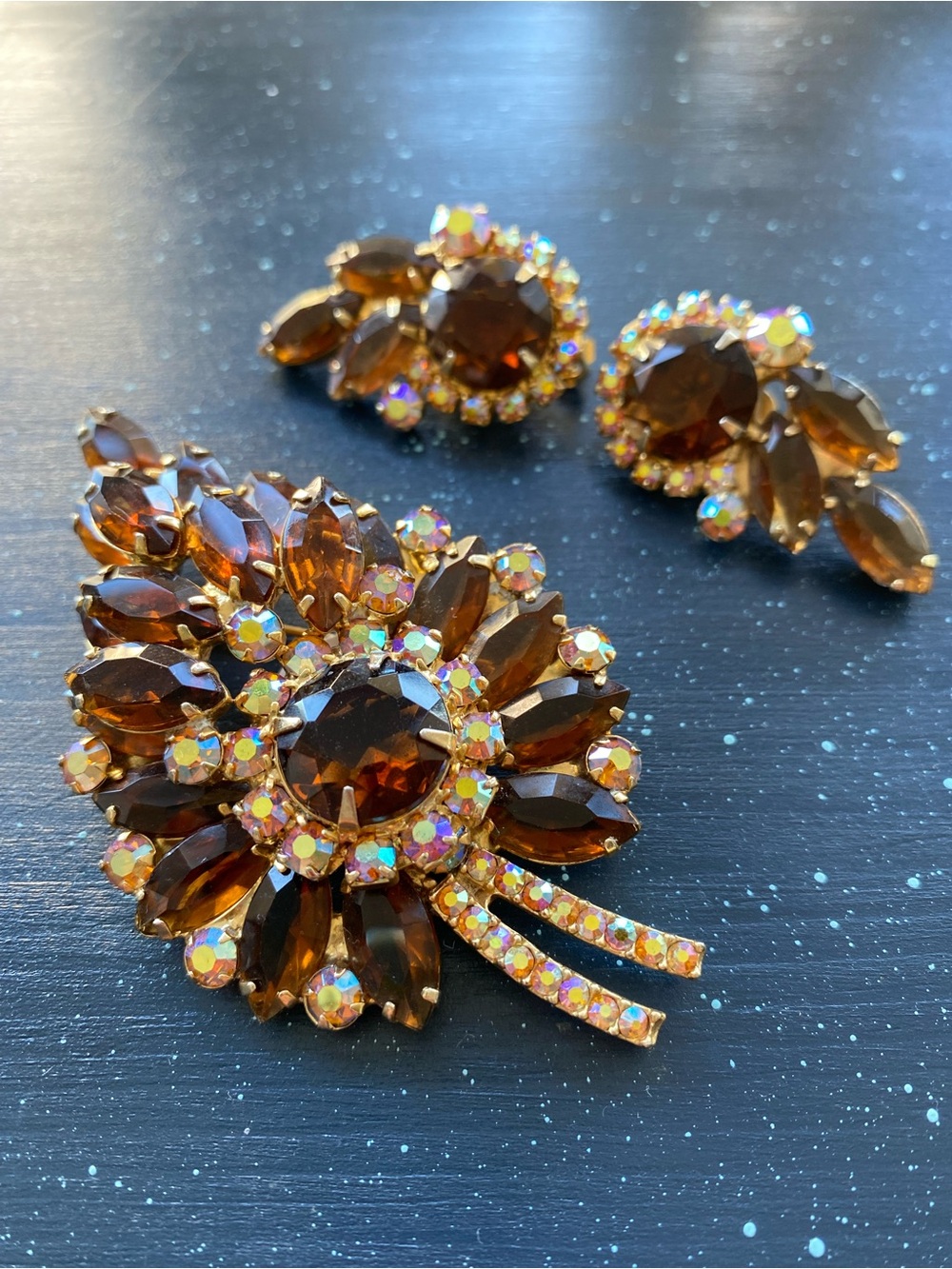 Verified Juliana D&E Deep Smoky Topaz Dentelle Brooch & Earring Demi-Parure Set